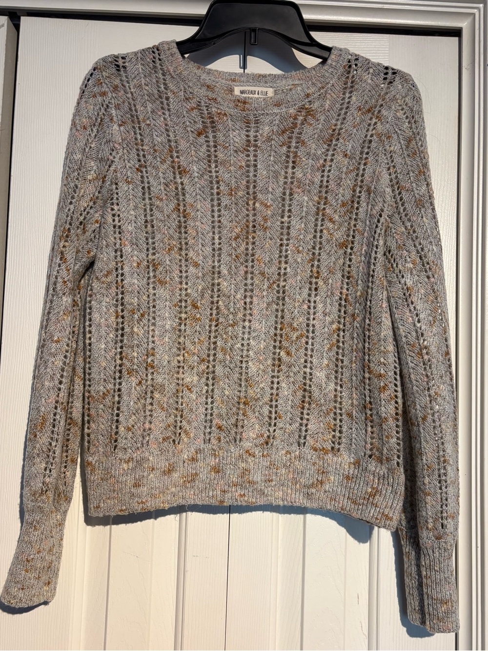 Margaux Gray Open-Knit Crew Sweater with Brown Speckle